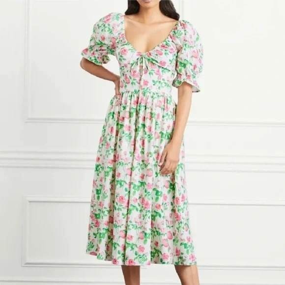 Hill House Home The Ophelia Nap Midi Dress in The Pink Roses Print Puff Sleeve